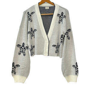 Simply Southern Sz L Cropped V-Neck Cardigan Sea Turtles B&W Knit New Coastal